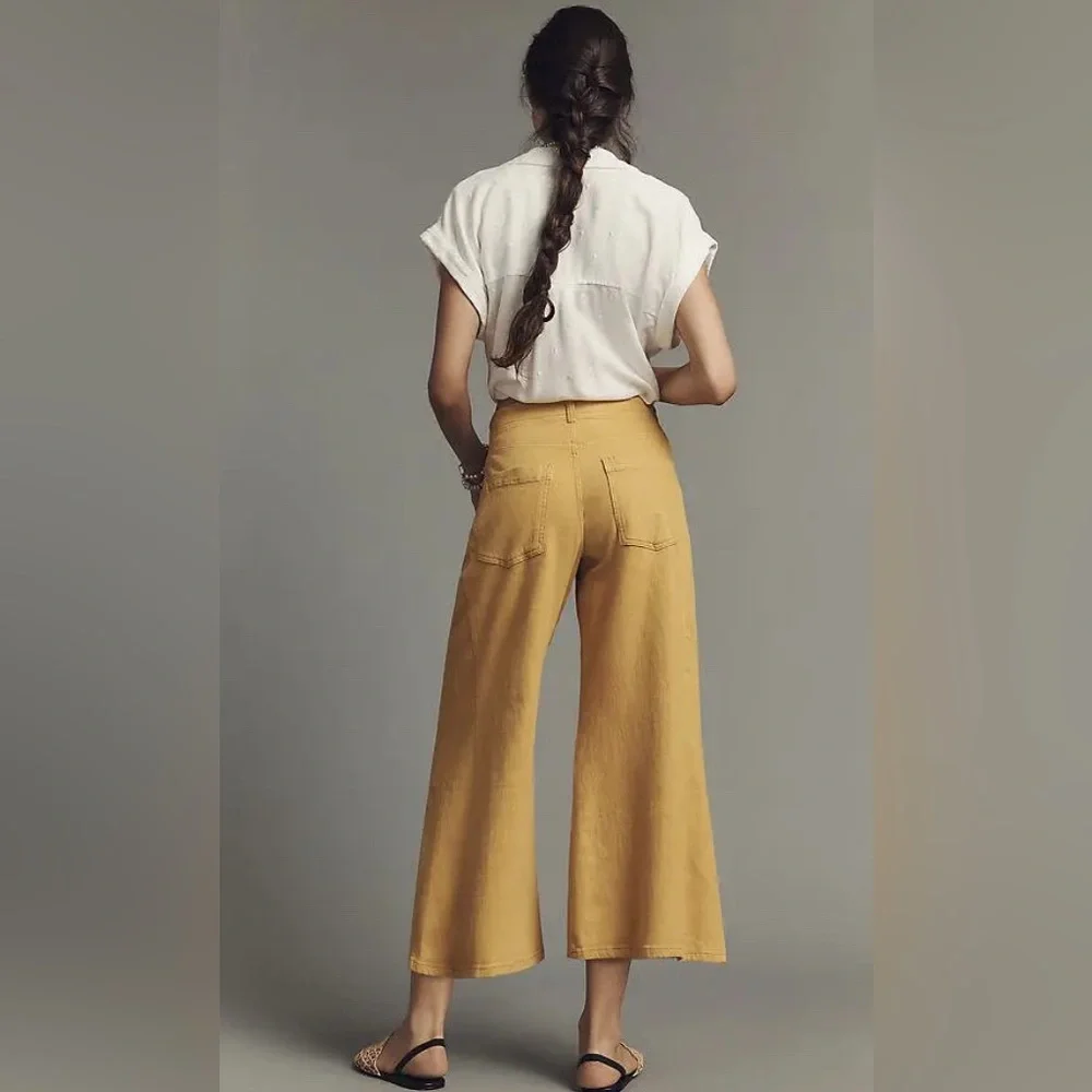 Pilcro Adi Linen Blend Crop Flare Pants Golden Spice Mid-Rise Wide Leg 31 NWT - Picture 3 of 8